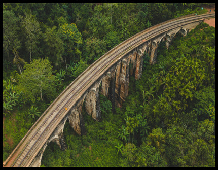 Leinwandbild aus der Vogelperspektive von einer Viaduktbrücke aus Stein die durch einen tropischen Wald führt.