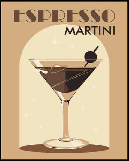 Ein Poster einer farbenfrohen Illustration eines Espresso Martini Cocktails mit einem dekorativen Hintergrund.