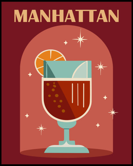 Ein Poster einer farbenfrohen Illustration eines Manhattan Cocktails mit einem dekorativen Hintergrund.