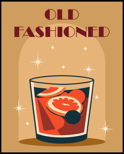 Ein Poster einer farbenfrohen Illustration eines Old Fashioned Cocktails mit einem dekorativen Hintergrund.