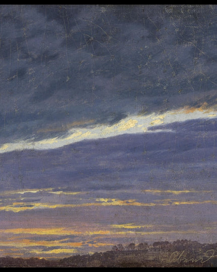 Ein Kunstdruck einer atmosphärischen Abendlandschaft mit dunklen Wolken und hellem Lichtstreifen am Horizont