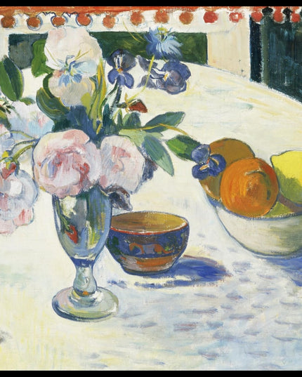 Flowers and a Bowl of Fruit on a Table