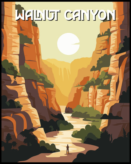 Ein Poster des Walnut Canyon Nationalparks, das eine enge Schlucht mit steilen Felswänden und einem Wanderer im Vordergrund zeigt.