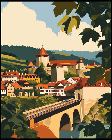 Ein Poster von einer malerischen Ansicht der Stadt Oberpfalz, mit traditionellen Gebäuden und einer Brücke im Vordergrund.