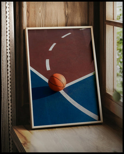 Ein gerahmtes Poster von einem Basketball auf einem Basketballplatz mit roten und blauen Feldern, vor einem Fenster an die Wand angelehnt