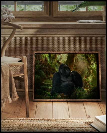 Ein gerahmtes Poster von einem Gorilla, der in einem dichten, grünen Wald sitzt, vor einem Fenster an die Wand angelehnt