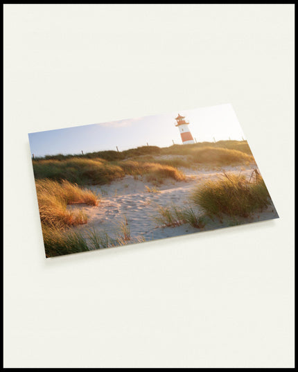 Eine Postkarte von einem Leuchtturm auf Sylt, der hinter grasbedeckten Dünen hervorschaut.